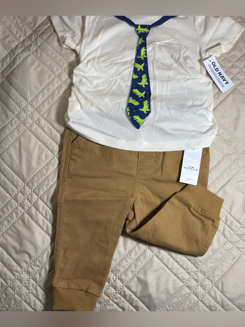 Old Navy 3-6M Dinosaur tie shirt and Tan Pull-On Joggers